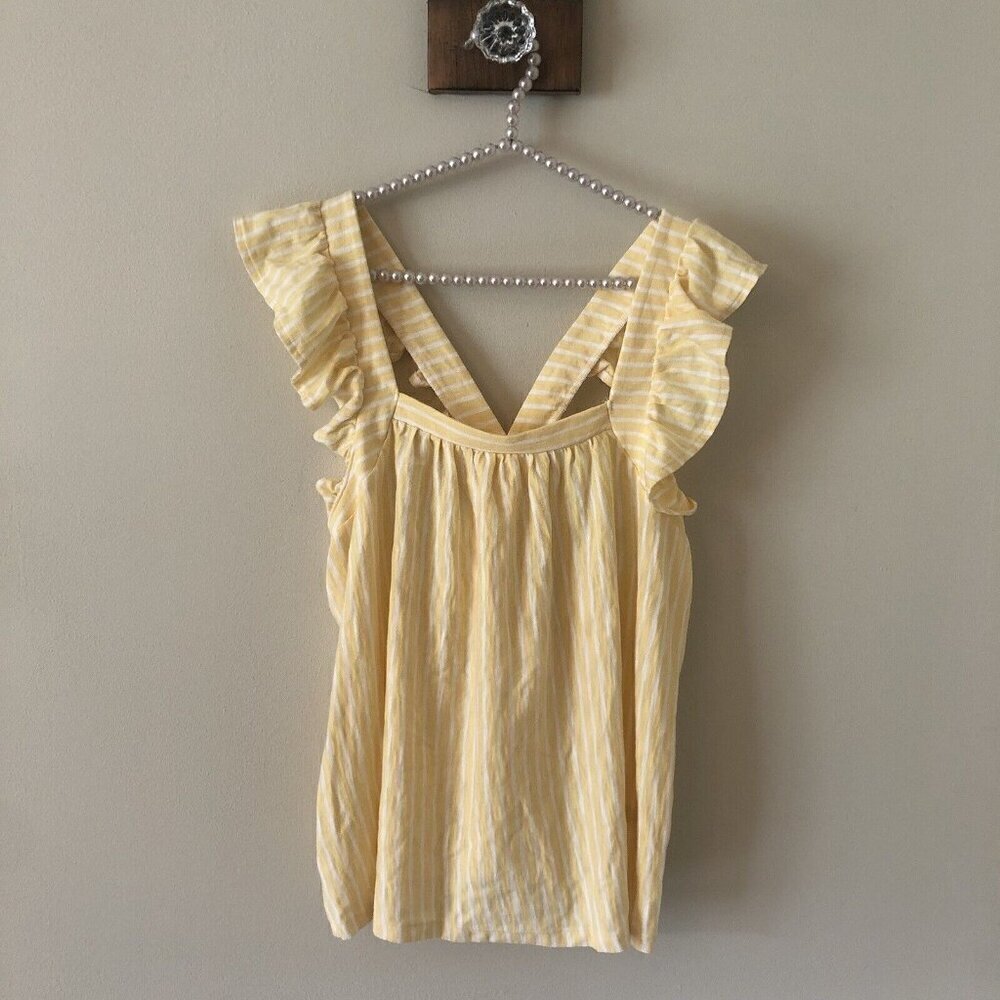 NWT LC Lauren Conrad Womens Size L Yellow White Stripe Ruffle Sleeve Tank Top
